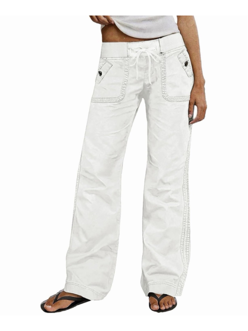 Flamingals Straight Leg Drawstring Pants for Women White XS